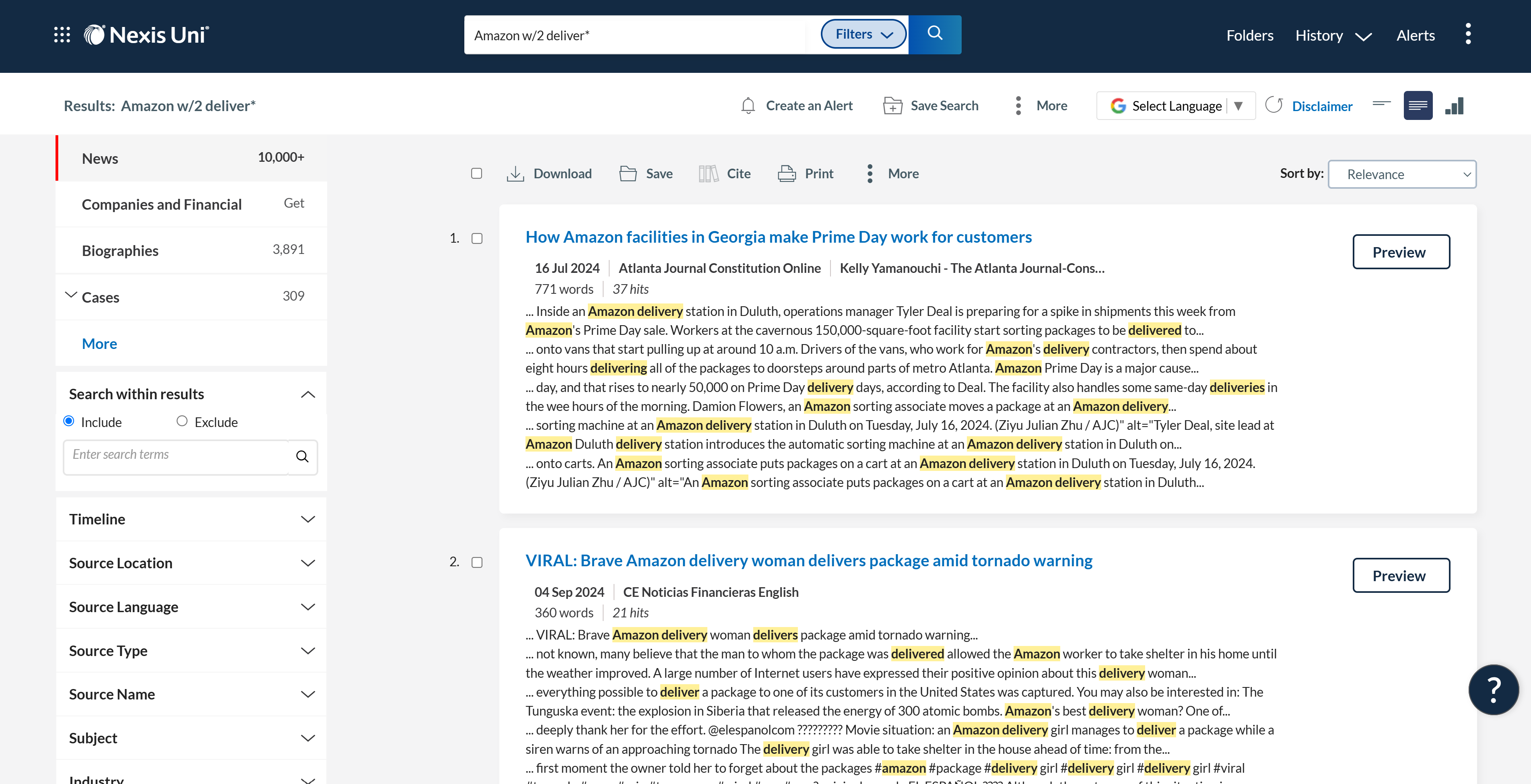 Example of the Nexis Uni search feature displaying search results and filtering options. 