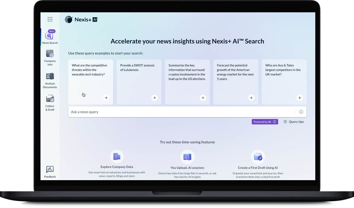 Preview of Nexis+ AI product features and layout
